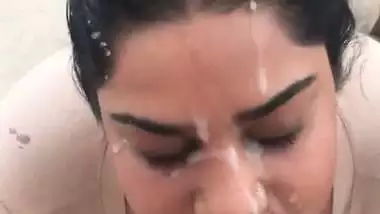 Big boob babe takes thick Indian cum in mouth